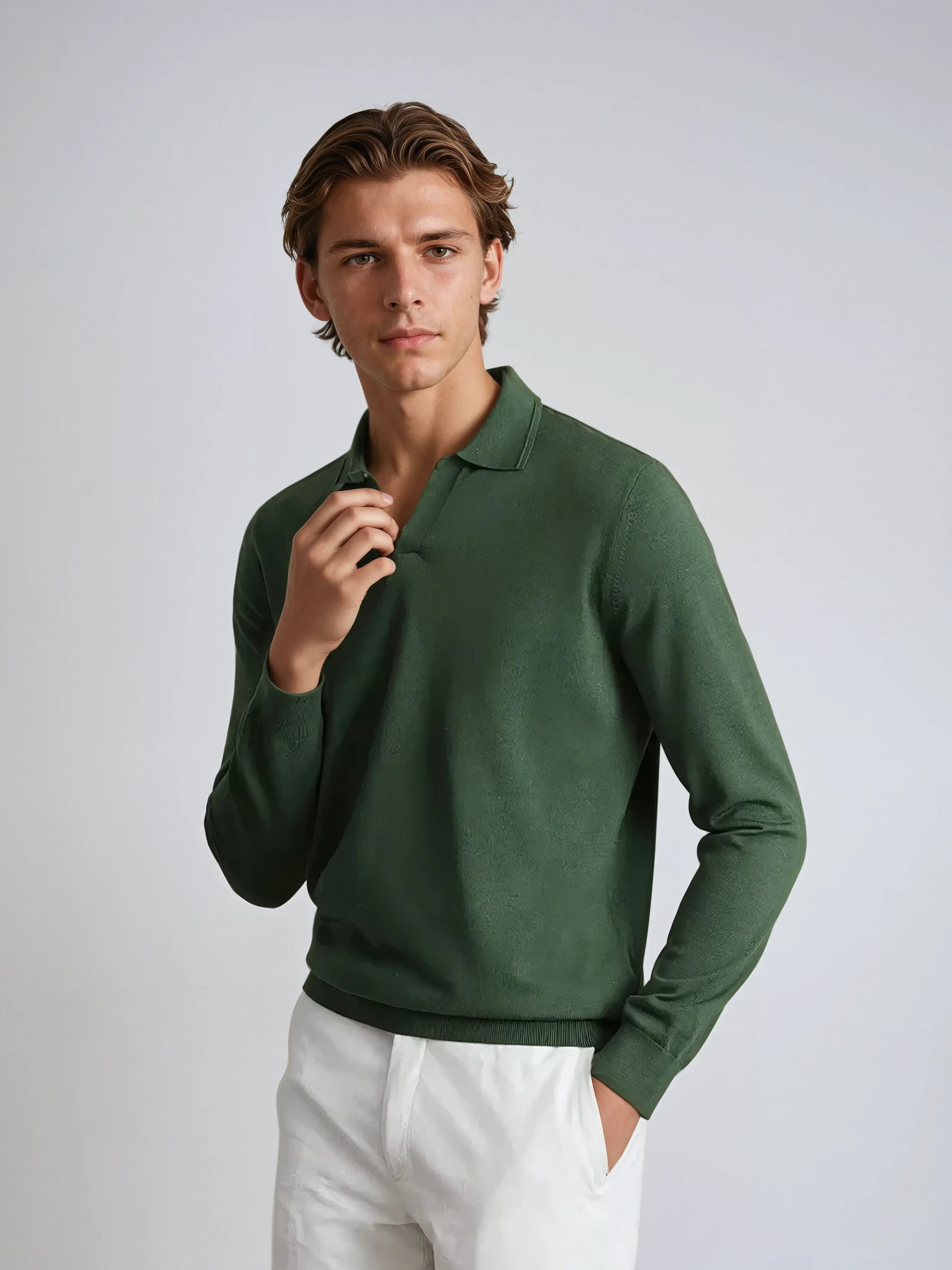 Variant image for Grünes Langarm Poloshirt Herren – Elegantes, Buttonloses Design aus Hochwertigem Stoff für Vielseitige Anlässe-1